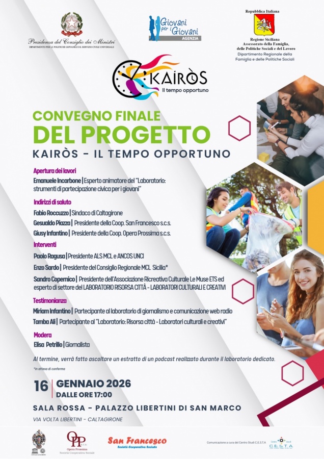 Caltagirone, il 16 gennaio il convegno finale del progetto “KAIRÒS – Il tempo opportuno”